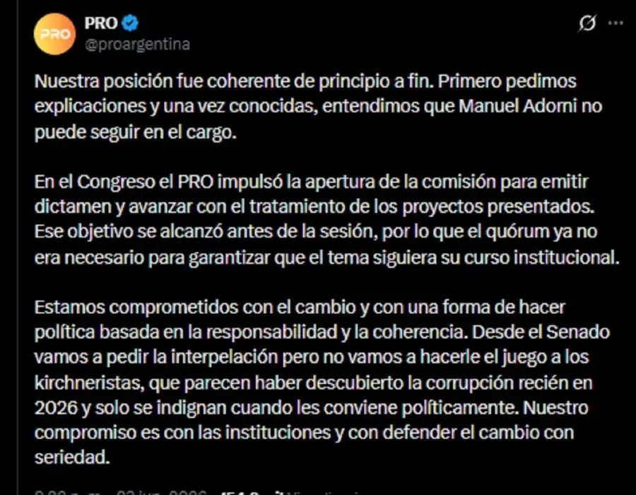 El PRO pide la interpelación de Adorni