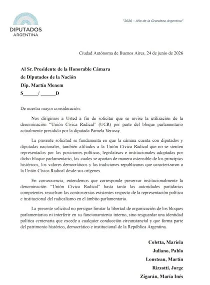 La nota que presentaron los diputados radicales de Provincias Unidas para que se revise el uso del nombre UCR por parte del bloque de Verasay