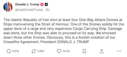 Publicación del presidente norteamericano, Donald Trump. Fuente: Truth Social