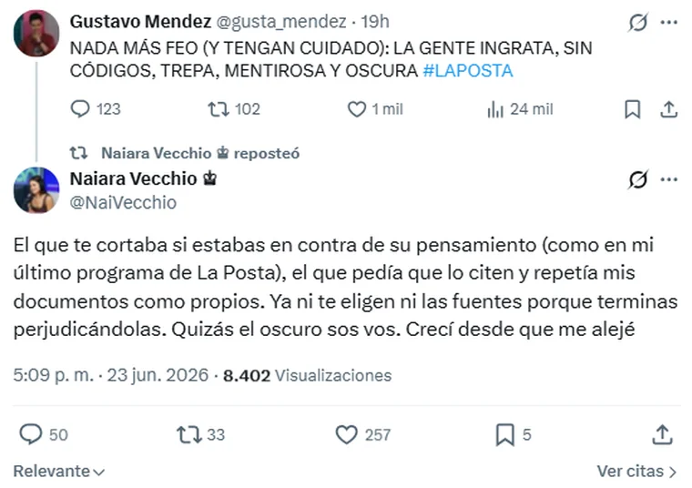 Naiara Vecchio, la periodista que apuntó contra Gustavo Méndez.