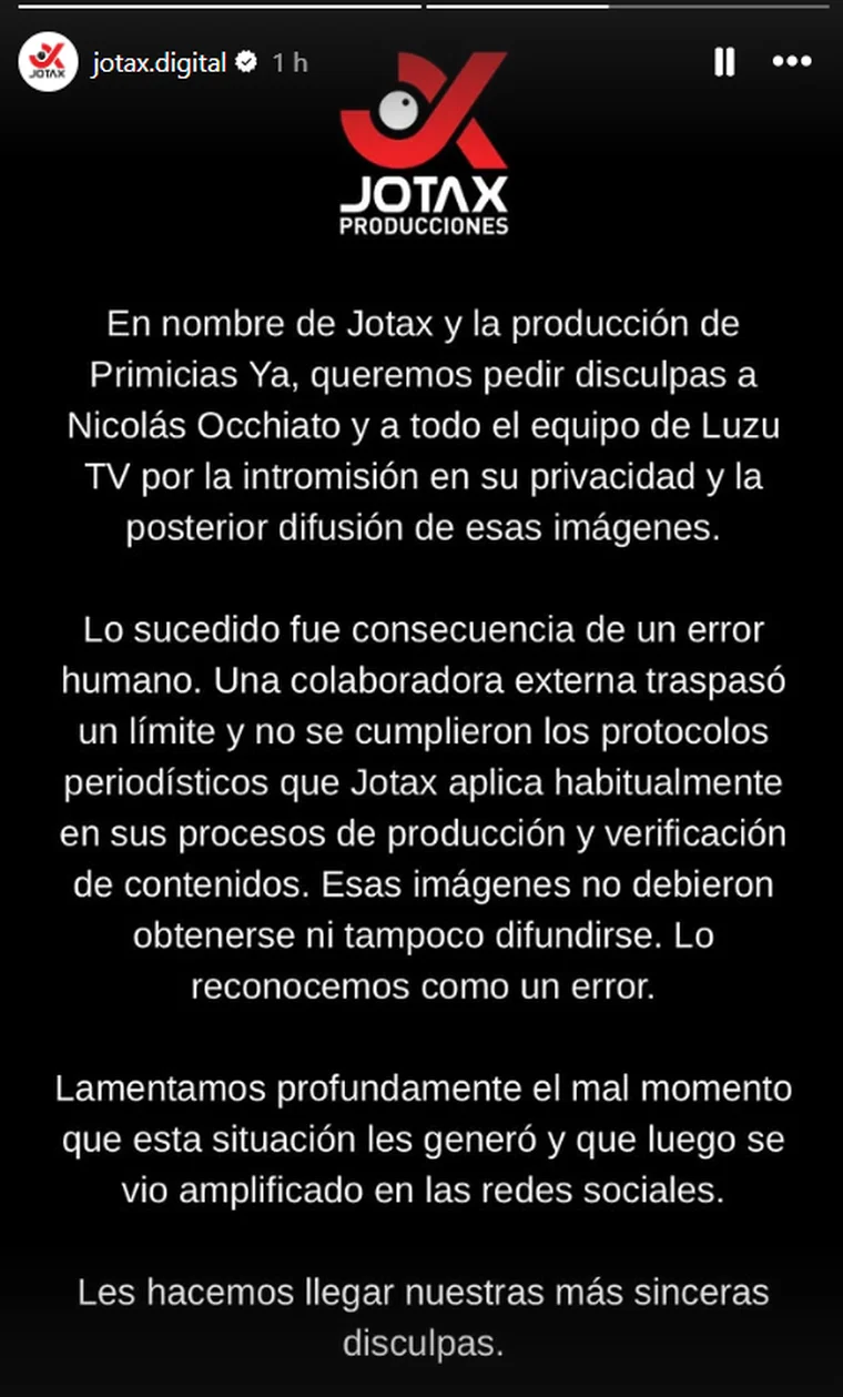 El escrito de la productora tras la tensa situaci&oacute;n que involucr&oacute; a una periodista y a Nicol&aacute;s Occhiato.&nbsp;