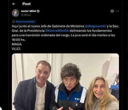 El mensaje de Milei en su cuenta de X para oficializar a Santilli