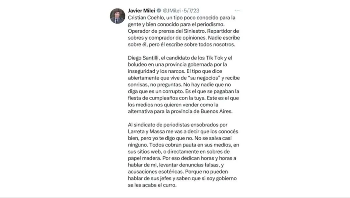 CUESTIONAMIENTOS DEL PASADO. Javier Milei atacó con crudeza a Santilli durante las internas por las elecciones bonaerenses de 2023.