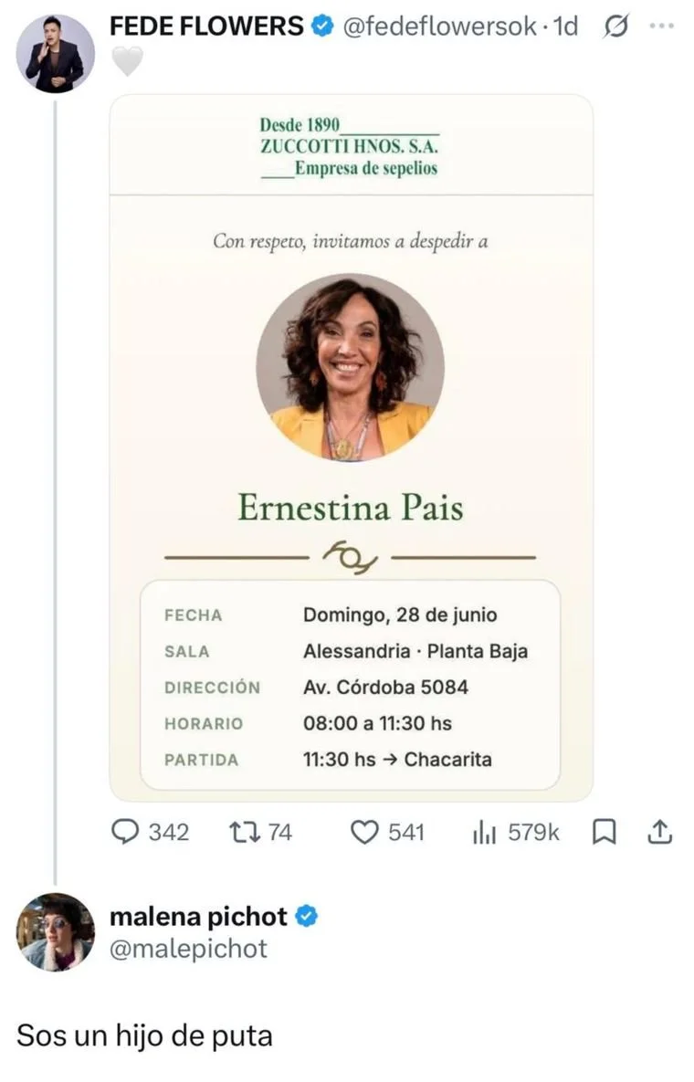 Fede Flowers comparti&oacute; los datos del velorio de Pais y gener&oacute; un repudio masivo.