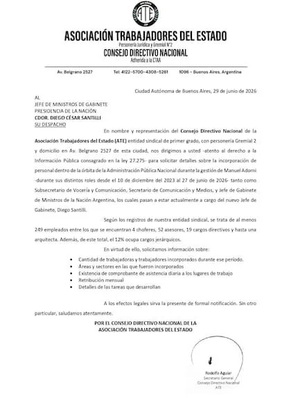 La carta que ATE le envió a Santilli por 249 designaciones que habría hecho Adorni