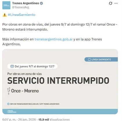Trenes Argentinos anunció una interrupción temporal del tren Sarmiento ramal Once-Moreno
