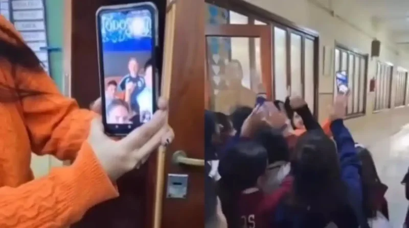 La emoción de un grupo de alumnos al hablar por videollamada con jugadores de la Selección argentina