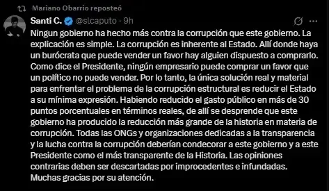 El gobierno más cínico de la historia: Santiago Caputo pidió condecorar a Milei por su lucha contra la corrupción