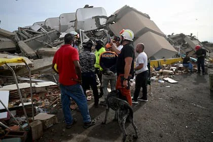 Un rescatista español con un perro de búsqueda se encuentra entre trabajadores de emergencia en Caraballeda, La Guaira, Venezuela, el 3 de julio de 2026