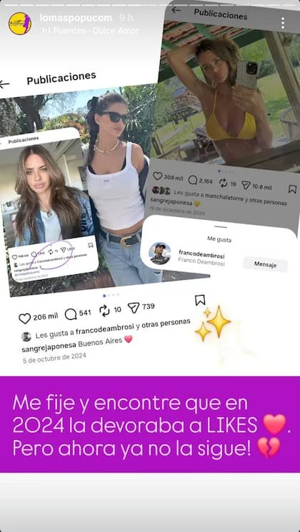 Franco y los 'Me gusta' de la China Suárez que datan desde 2024 (Foto: Captura Instagram/@lomaspopucom)