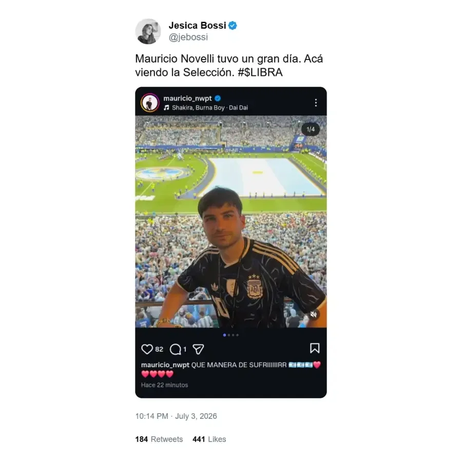Posteo de Jesica Bossi sobre Mauricio Novelli
