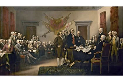 Declaración de Independencia en Filadelfia, Estados Unidos, óleo sobre lienzo de John Trumbull, 1818; en la rotonda del Capitolio de los Estados Unidos, Washington D. C.